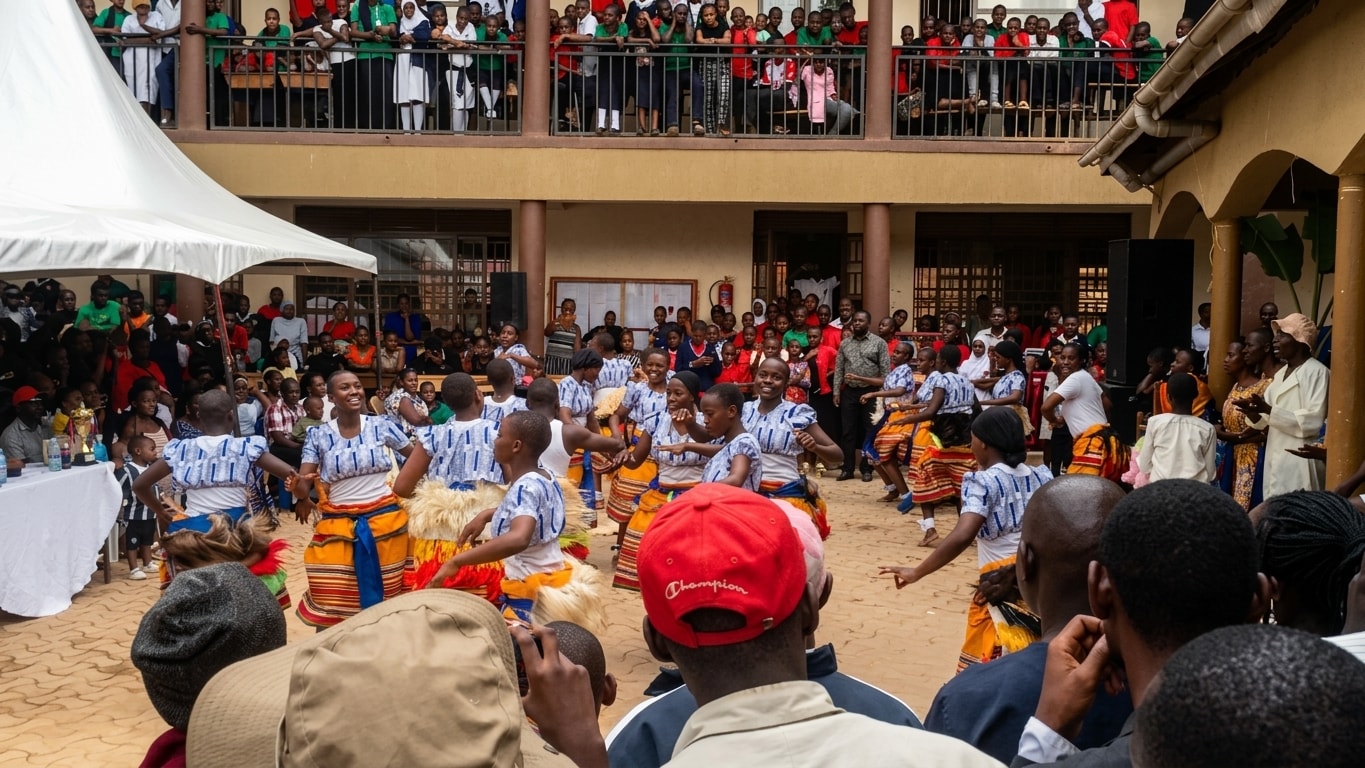 Close view of Buloba Christian High School dancers mid-performance in traditional dress before a packed audience