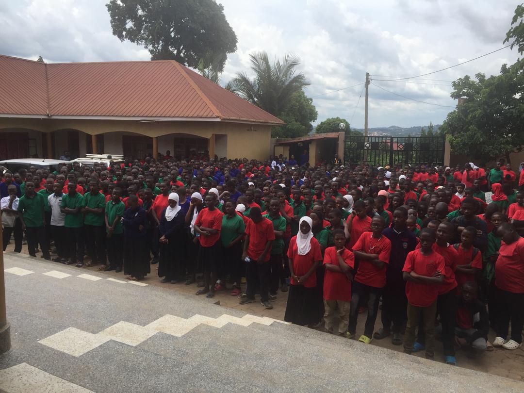 The Buloba Christian High School student body assembled in red and green house colours on sports day